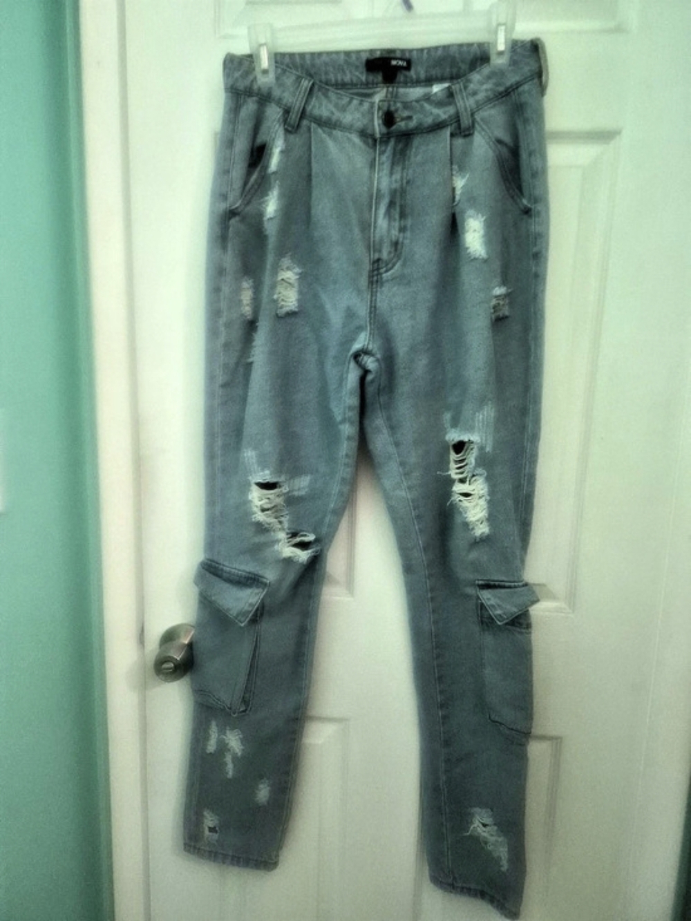 Fashion Nova Distressed Cargo Boyfriend Jeans Blue